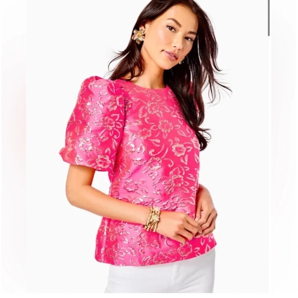 Lilly Pulitzer‎ top Large Pratt Hot Pink Gold Brocade Puff Sleeve Colorful Glam
